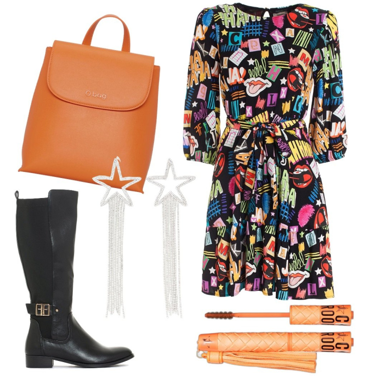 Outfit donna - Love is color. Stile Trendy per Tutti i giorni. Abbinamento con mascara, stivali sopra il ginocchio, vestiti, orecchini, zaini.