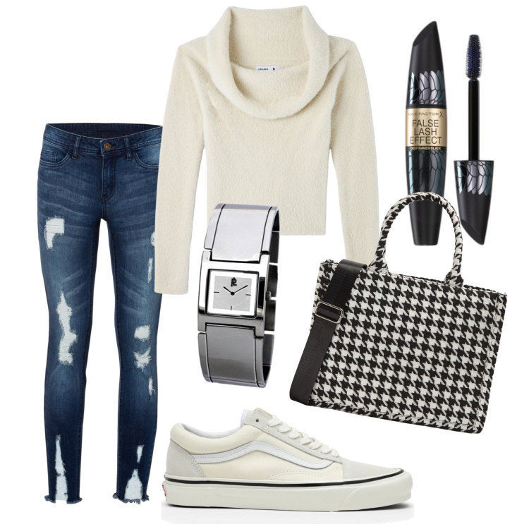 Outfit donna - Jeans strappati. Stile Trendy per Tutti i giorni. Abbinamento con jeans strappati, mascara, shopping bag, maglieria, orologi, sneakers.