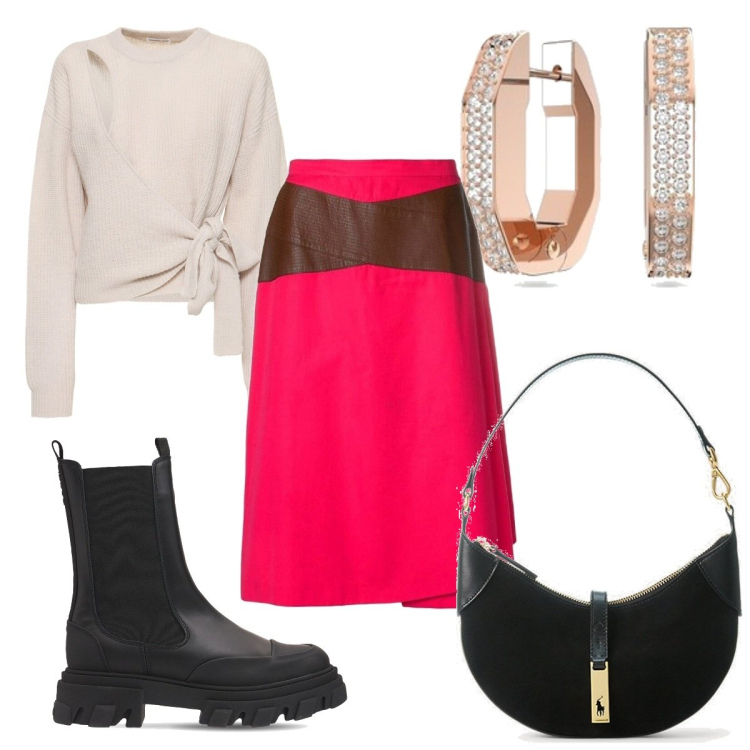 Outfit donna - Total look #1739528. Stile Trendy per Tutti i giorni. Abbinamento con gonne longuette, borse a spalla, maglieria, stivaletti chelsea, orecchini.