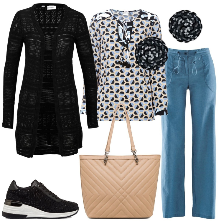 Outfit donna - Passeggiata al parco. Stile Casual per Tutti i giorni. Abbinamento con pantaloni a palazzo, cardigans, bluse, sneakers, borse a spalla, orecchini.