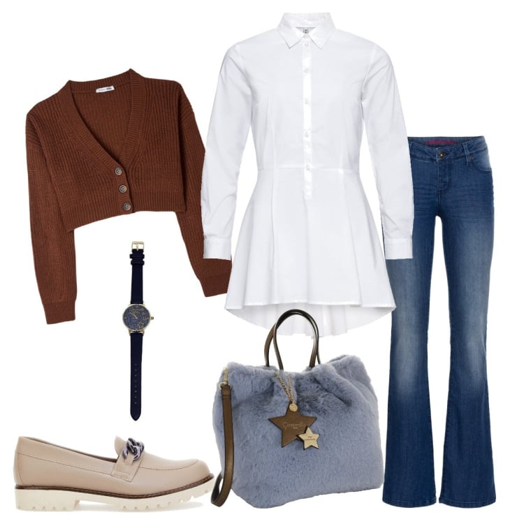Outfit donna - Camicia perfetta. Stile Casual per Ufficio. Abbinamento con jeans bootcut, camicie, cardigans, mocassini, orologi, borse a mano.