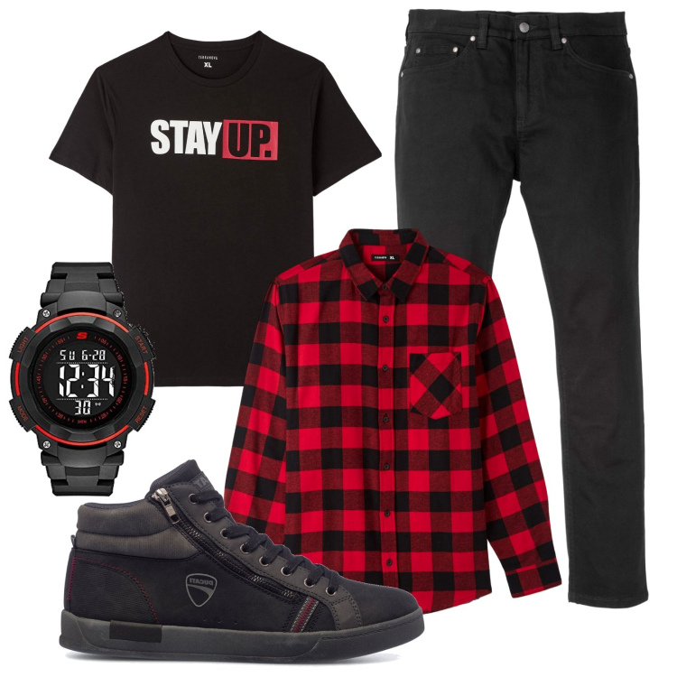 Outfit uomo - Rosso nero. Stile Urban per Tutti i giorni. Abbinamento con jeans slim fit, camicie, t-shirt, sneakers alte, orologi digitali.