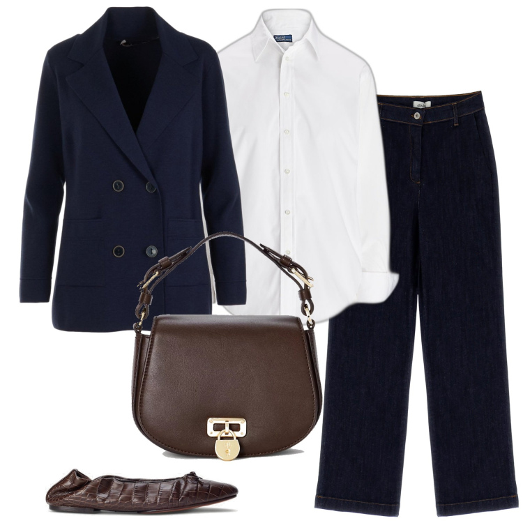 Outfit donna - Con la camicia bianca. Stile Mannish per Ufficio. Abbinamento con jeans dritti, camicie, borse a tracolla, ballerine, giacche.