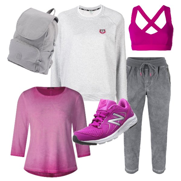 Outfit donna - Buoni propositi. Stile Urban per Sport. Abbinamento con pantaloni capri, borsa, reggiseno sport rosa, felpa grigio, scarpe running rosa, t-shirt rosa.