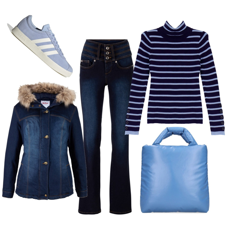 Outfit donna - Shopping in centro. Stile Casual per Tutti i giorni. Abbinamento con jeans bootcut, cappotti, maglieria, sneakers, shopping bag.