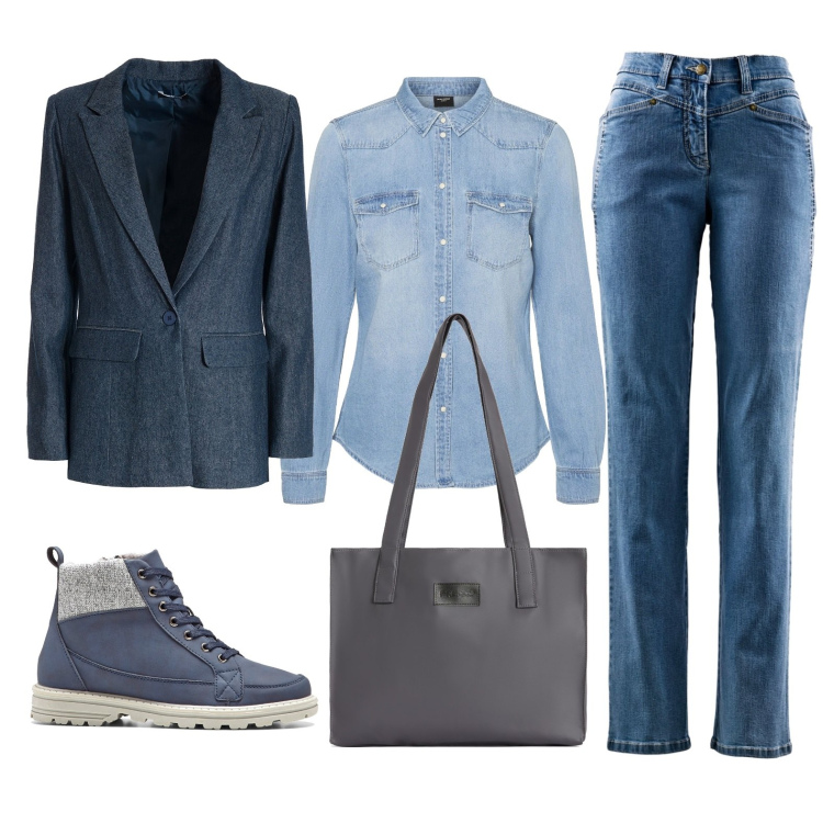 Outfit donna - Total look #1739616. Stile Casual per Tutti i giorni. Abbinamento con stivaletti, jeans dritti, blazer, shopping bag, camicie.