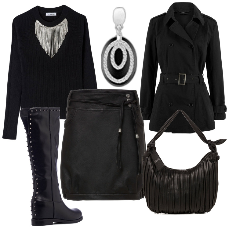 Outfit donna - Party!!. Stile Sexy per Serata fuori. Abbinamento con trench, gonne, maglieria, stivali, borse a spalla, orecchini.