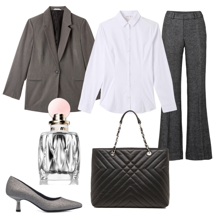 Outfit donna - In ufficio. Stile Mannish per Ufficio. Abbinamento con pantaloni a palazzo, profumi, blazer, camicie, décolleté, borse a spalla.