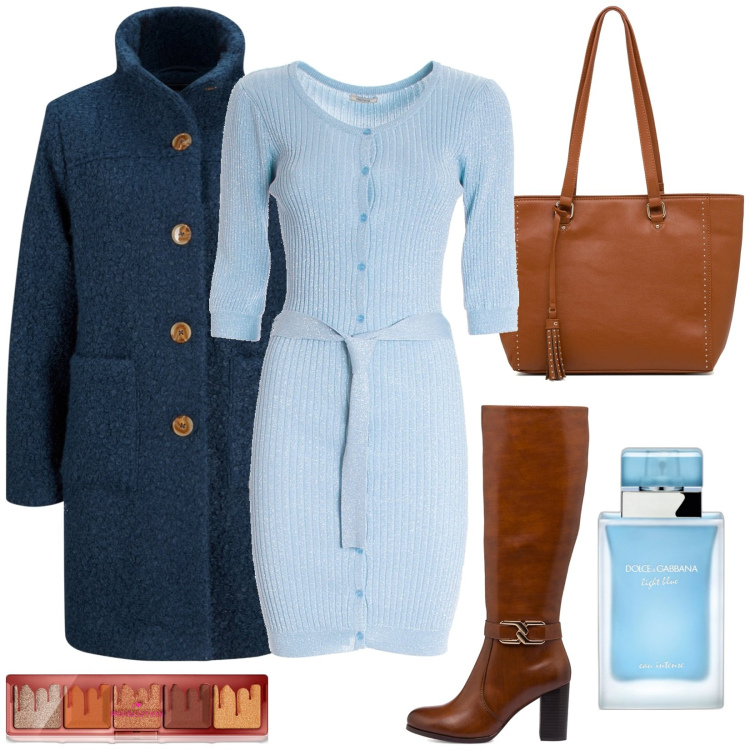 Outfit donna - Blu e marrone. Stile Casual chic per Ufficio. Abbinamento con cappotti, ombretti, profumi, vestiti, stivali sopra il ginocchio, borse a spalla.