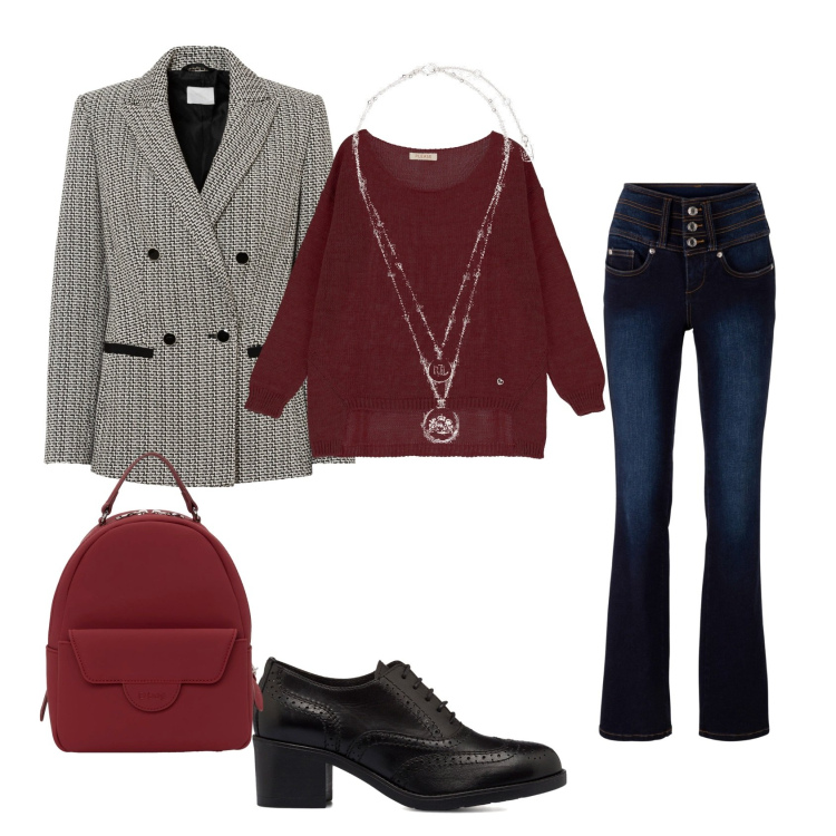 Outfit donna - Total look #1739660. Stile Basic per Ufficio. Abbinamento con jeans bootcut, blazer, maglieria, collane, scarpe stringate, zaini.