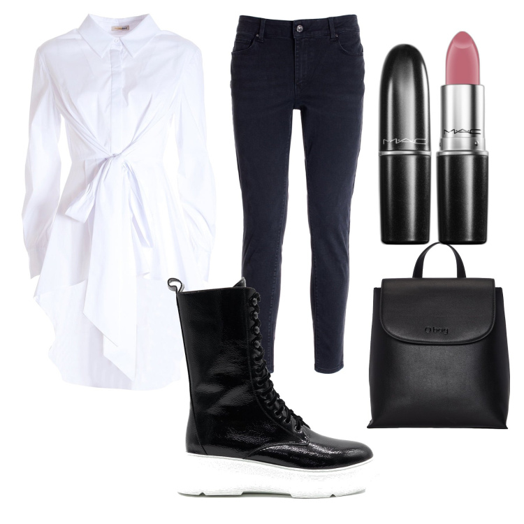 Outfit donna - Total look #1739663. Stile Urban per Scuola/Università. Abbinamento con rossetti, camicie, jeans skinny, anfibi, zaini.