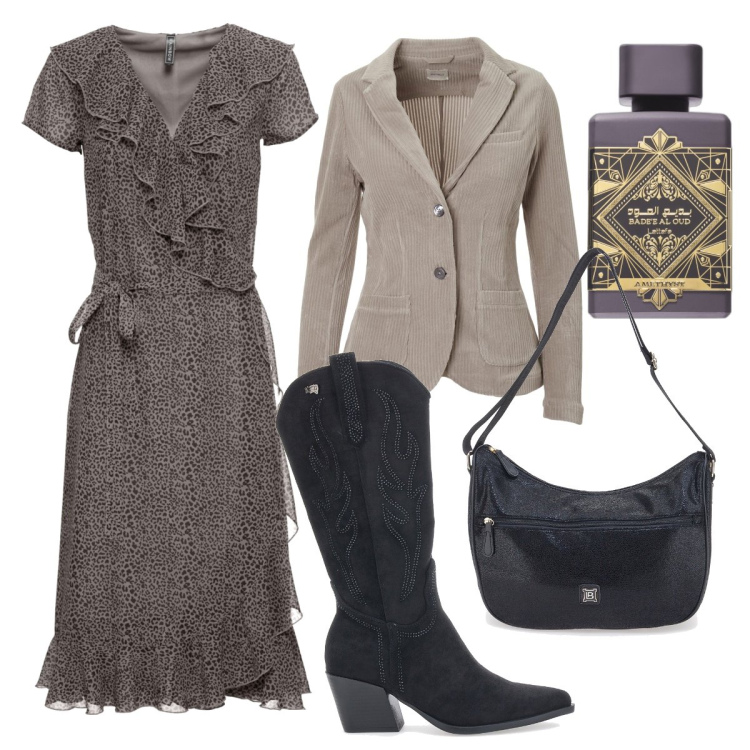 Outfit donna - A pranzo con Dylan. Stile Romantica per Scuola/Università. look ideale per Tall. Abbinamento con vestiti midi/longuette, profumi, giacche, stivaletti texani, borse a tracolla.