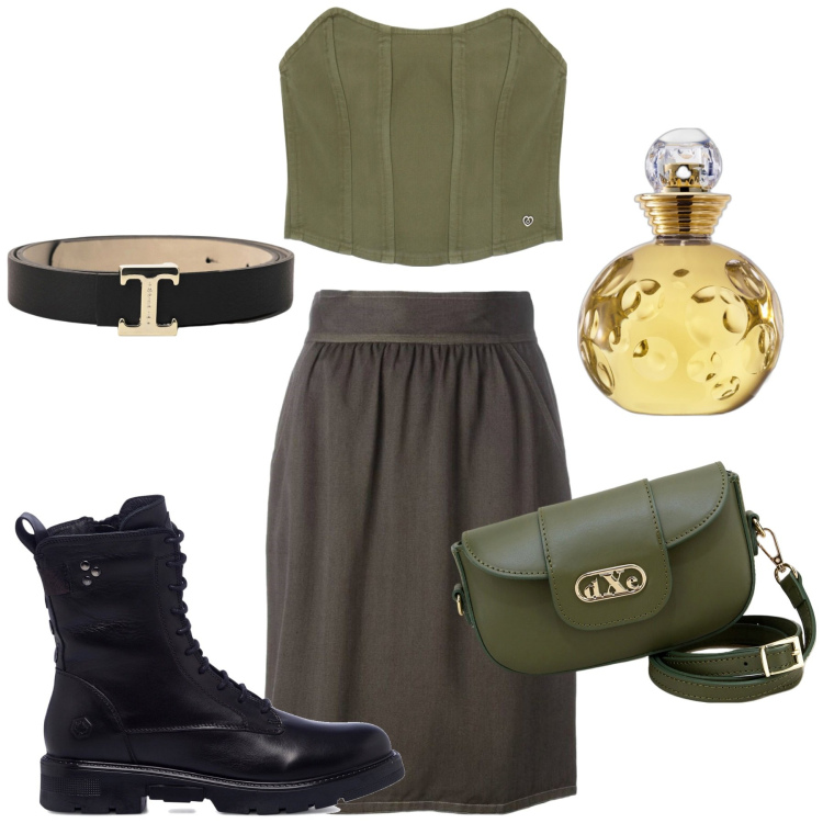 Outfit donna - Look per tutti i giorni. Stile Casual chic per Tutti i giorni. Abbinamento con minigonne, profumi, top, cinture, anfibi, pochette.