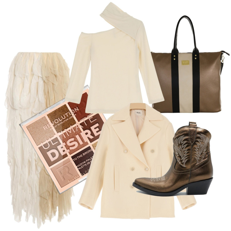 Outfit donna - La spalla che ammicca. Stile Casual chic per Tutti i giorni. Abbinamento con ombretti, maglieria, cappotti, gonne, borse a spalla, stivaletti.