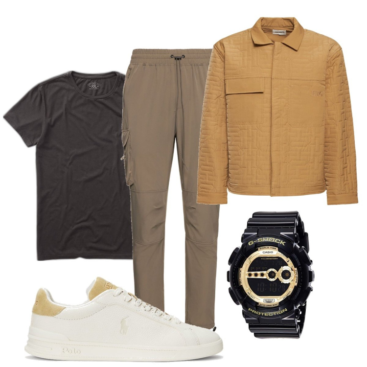 Outfit uomo - In trasferta. Stile Casual per Ufficio. Abbinamento con t-shirt, sneakers, pantaloni cargo, orologi digitali, giacche.