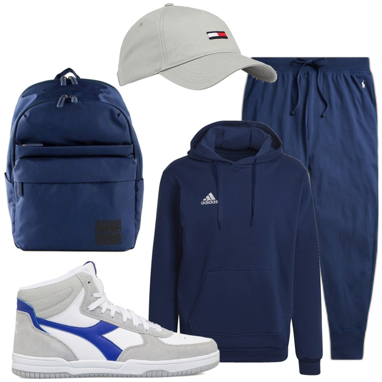 Outfit uomo - Tuta blu scuro. Stile Trendy per Sport. Abbinamento con sneakers alte, felpe con cappuccio, pantaloni, borse sportive, cappelli con visiera.