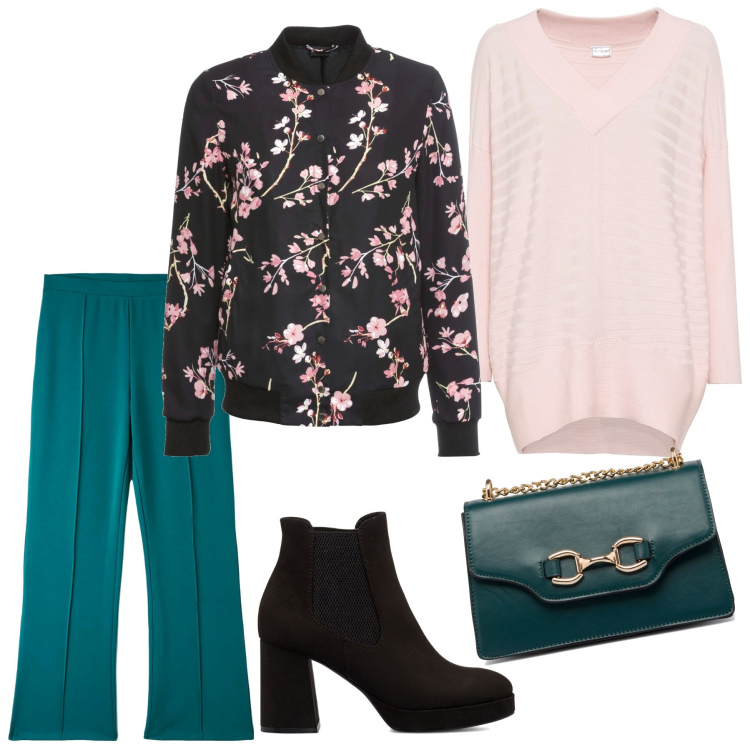 Outfit donna - Colori e fantasia. Stile Casual chic per Tutti i giorni. Abbinamento con bomber, maglieria, pantaloni, stivaletti, borse a tracolla.
