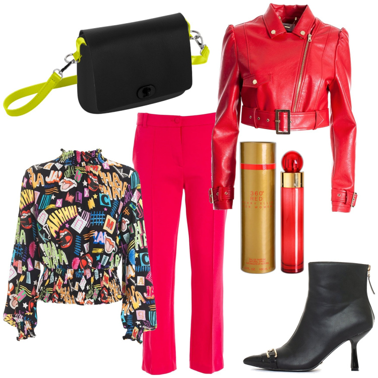 Outfit donna - Ottobre arcobaleno. per Serata fuori. Abbinamento con profumi, giacche, stivaletti, pantaloni, bluse, borse a spalla.