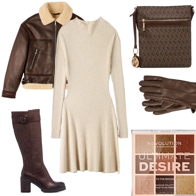 Outfit donna - Inverno marrone. Stile Glamour per Tutti i giorni. Abbinamento con ombretti, vestiti midi/longuette, ecopellicce, stivali sopra il ginocchio, borse a tracolla, guanti.