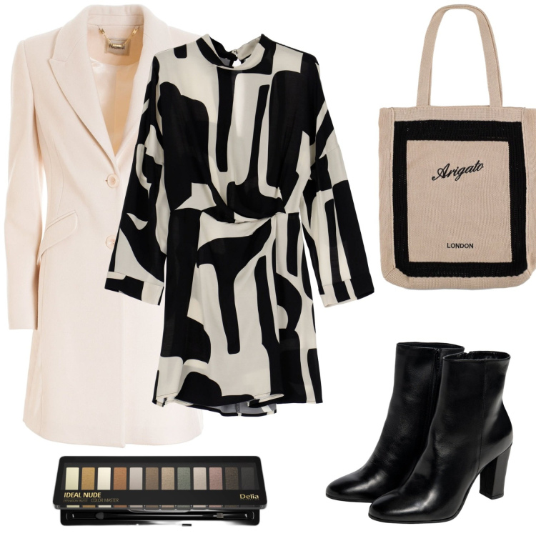 Outfit donna - Vestito a stampa. Stile Glamour per Ufficio. Abbinamento con ombretti, cappotti, vestiti corti, shopping bag, stivaletti.