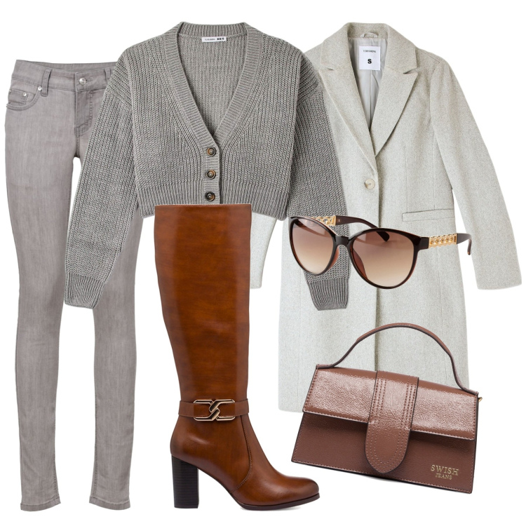 Outfit donna - Total look #1739884. Abbinamento con jeans skinny, occhiali da sole, cardigans, cappotti, borse a mano, stivali sopra il ginocchio.