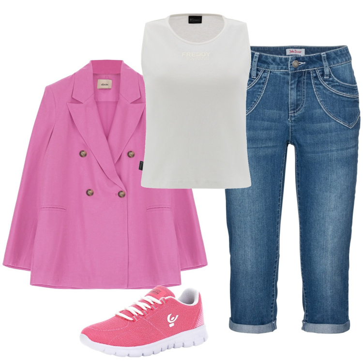 Outfit donna - La giacca rosa. Stile Casual chic per Serata fuori. Abbinamento con jeans dritti, top, sneakers, giacche.
