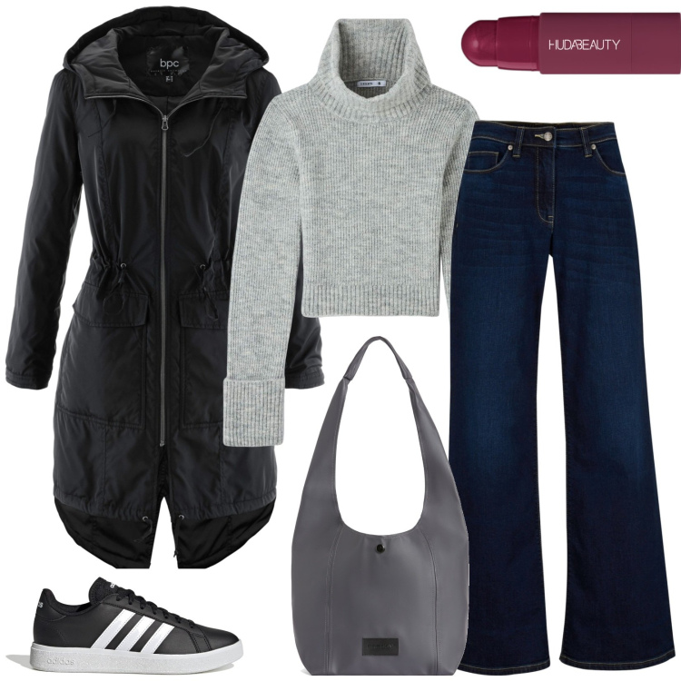 Outfit donna - Look minimal. Stile Sporty chic per Scuola/Università. Abbinamento con blazer, jeans, blush, maglieria, borse a spalla, sneakers.