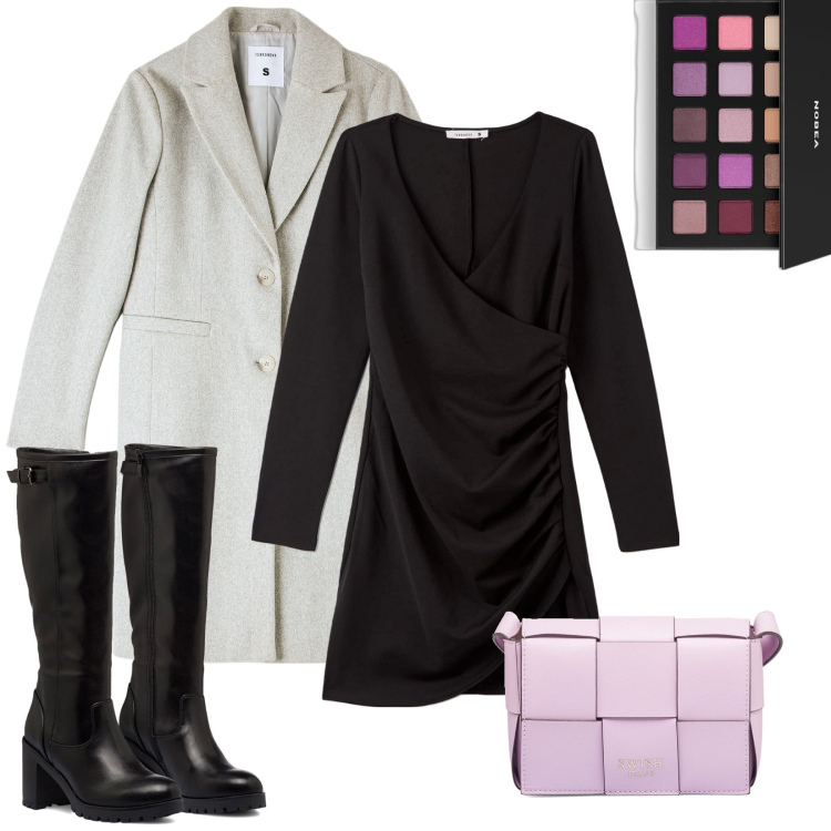 Outfit donna - Pink look. Stile Romantica per Tutti i giorni. Abbinamento con ombretti, vestiti corti, cappotti, borse a tracolla, stivali sopra il ginocchio.