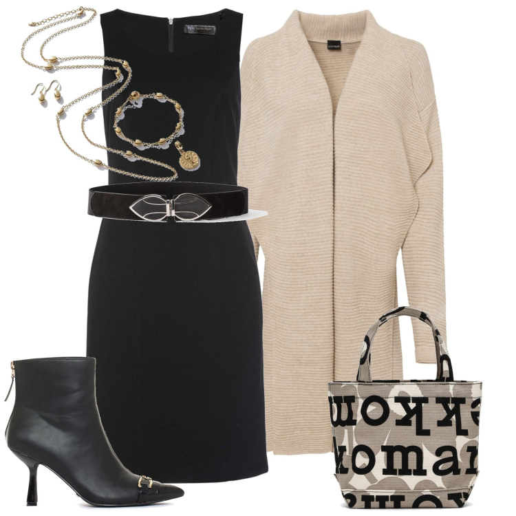 Outfit donna - Total look #1739927. Stile Casual chic per Tutti i giorni. Abbinamento con cinture, cardigans, vestiti a tubino, stivaletti, borse tote, collane.