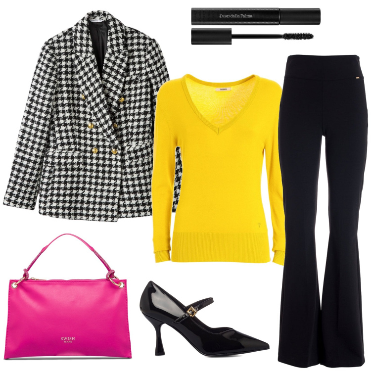 Outfit donna - Giallo e fucsia. Stile Casual chic per Ufficio. Abbinamento con mascara, blazer, pantaloni, maglieria, décolleté, borse a mano.
