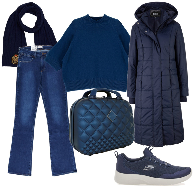 Outfit donna - Un pranzo in blu. Stile Casual chic per Tutti i giorni. Abbinamento con blazer, maglieria, valigie, sneakers, jeans, sciarpe.