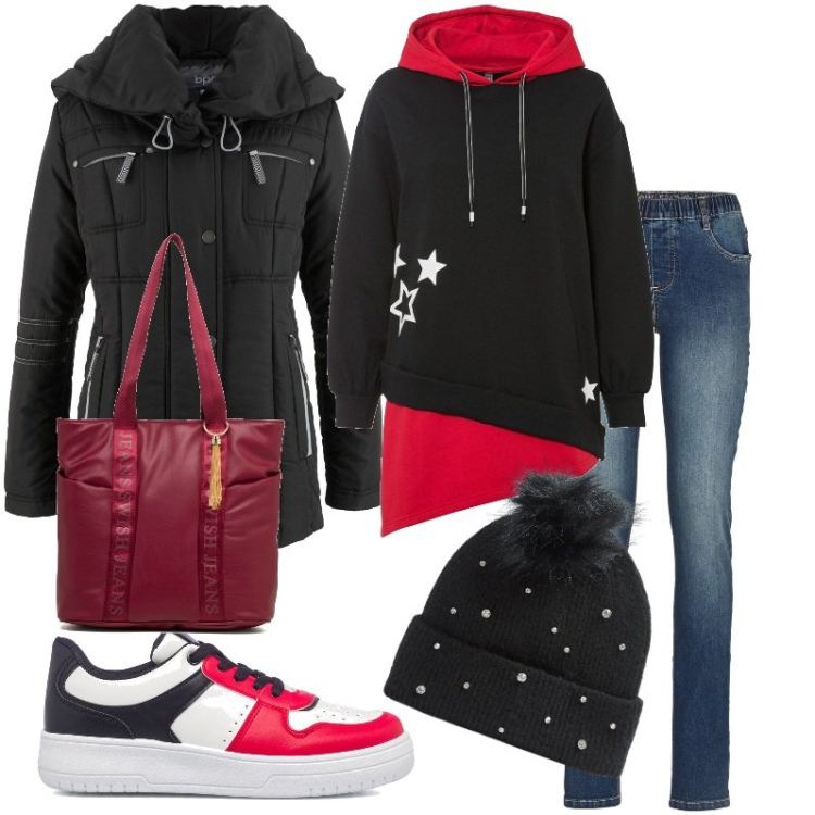 Outfit donna - Giornata in comodità. Stile Casual per Tutti i giorni. Abbinamento con jeggings, felpe con cappuccio, giacche, berretti, sneakers, borse a spalla.