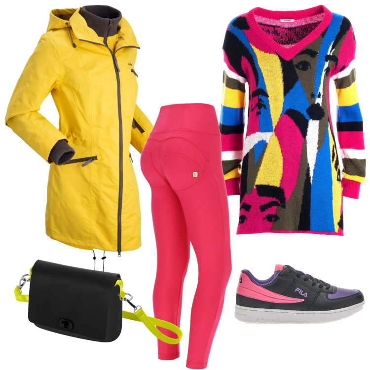 Outfit donna - Total look #1739974 arcobaleno sportivo. Stile Trendy per Tutti i giorni. Abbinamento con cappotti, maglieria, pantaloni skinny, sneakers, borse a spalla.