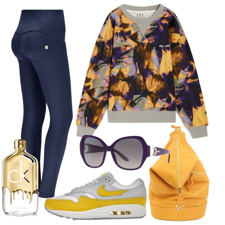 Outfit donna - Autunno a colori. Stile Sporty chic per Tutti i giorni. Abbinamento con sneakers, zaini, profumi, pantaloni skinny, felpe, occhiali da sole.