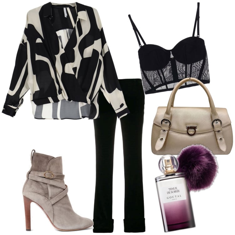 Outfit donna - Total look #1740003. Abbinamento con profumi, pantaloni, borse a mano, camicie, top, stivaletti.