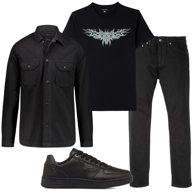 Outfit uomo - Casual Total black. Stile Casual per Serata speciale. Abbinamento con jeans slim fit, t-shirt, sneakers, t-shirt.