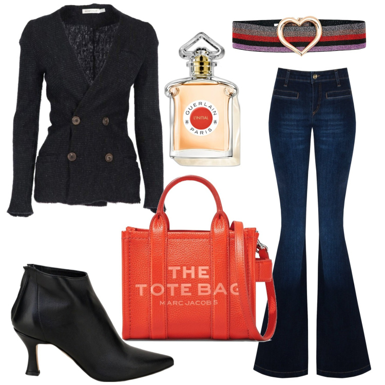 Outfit donna - Total look #1740014. Stile Casual chic per Tutti i giorni. Abbinamento con cardigans, profumi, jeans a zampa, stivaletti, cinture, borse a mano.