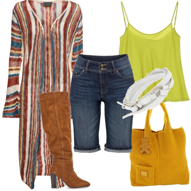 Outfit donna - Autunno colorato. Stile Sporty chic per Tutti i giorni. Abbinamento con cardigans, bermuda, braccialetti, top, stivali, shopping bag.