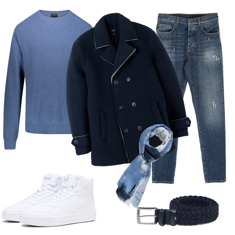 Outfit uomo - Il mare in Inverno.. Stile Casual per Tutti i giorni. Abbinamento con jeans dritti, maglieria, cinture, sneakers alte, giacche, sciarpe.