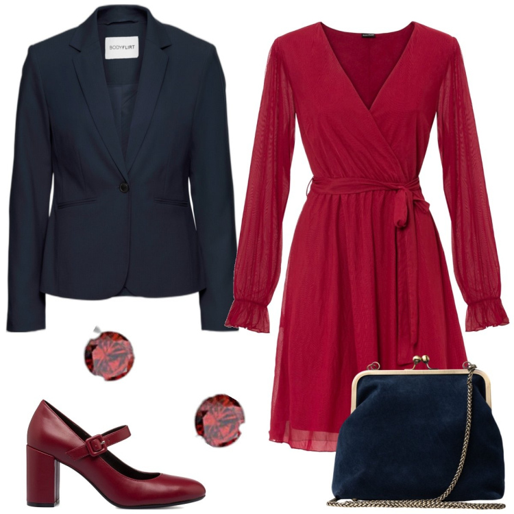 Outfit donna - Pranzo elegante. Stile Bon Ton per Tutti i giorni. Abbinamento con blazer, vestiti, décolleté, clutch, orecchini.