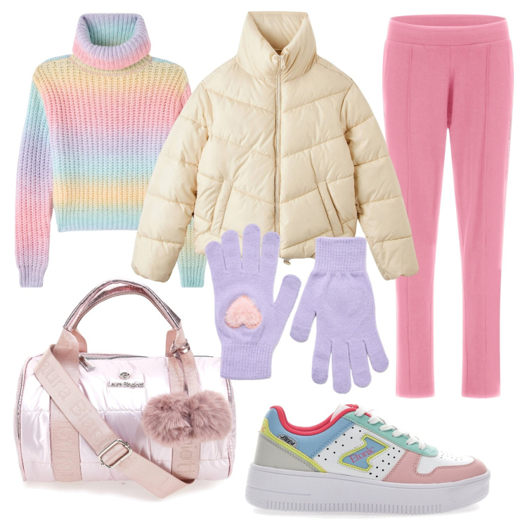 Outfit donna - Arcobaleno. Stile Casual per Tutti i giorni. Abbinamento con maglieria, piumini, guanti, pantaloni, sneakers, borse a mano.