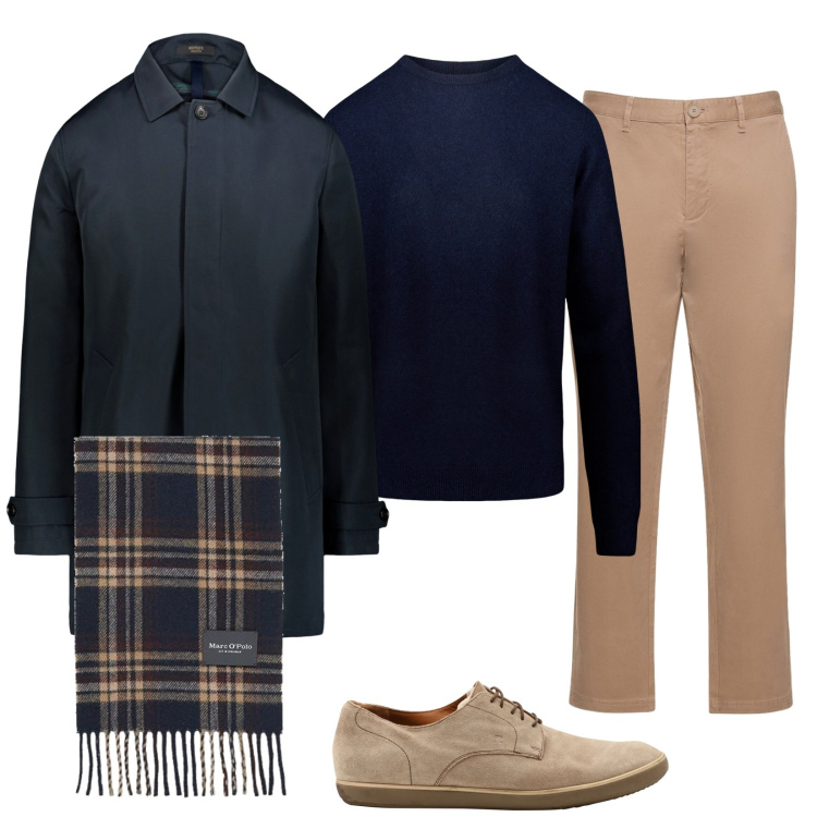 Outfit uomo - Pronto per il freddo. Stile Casual per Tutti i giorni. Abbinamento con scarpe stringate, maglieria, sciarpe, pantaloni chino, giacche.