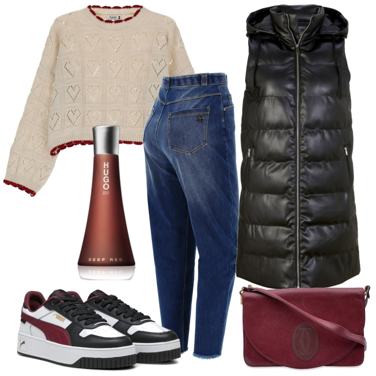 Outfit donna - Sporty. Stile Urban per Tutti i giorni. Abbinamento con gilet, borse a spalla, profumi, maglieria, jeans, sneakers.