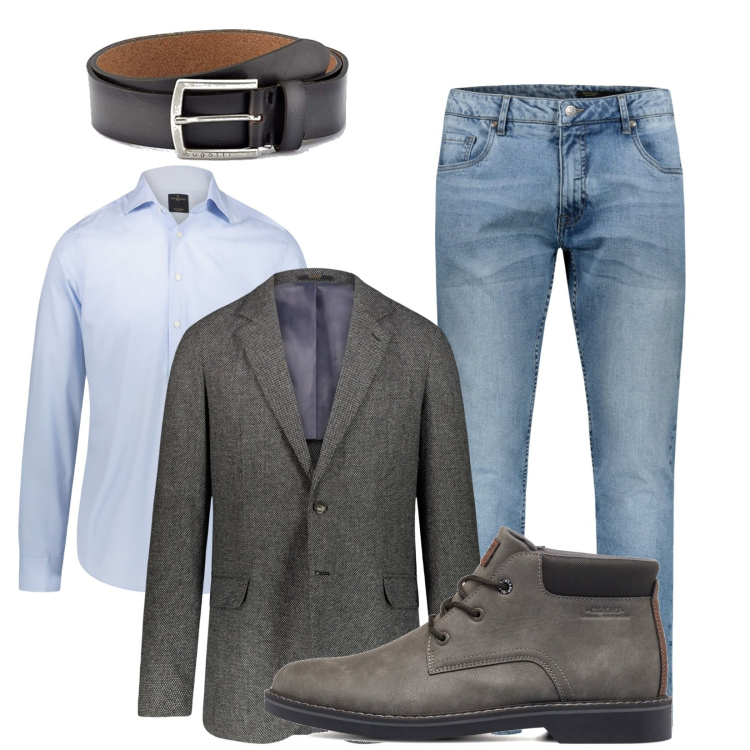 Outfit uomo - La giacca sui jeans. Stile Business/Elegante per Ufficio. Abbinamento con stivali e stivaletti, camicie, giacche, cinture, jeans.