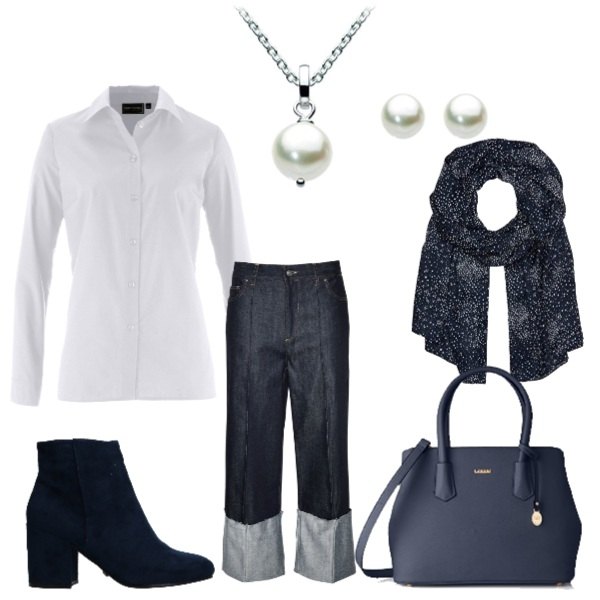 Outfit donna - Perle e jeans. Stile Basic per Tutti i giorni. Abbinamento con camicie, jeans a tubo vita alta con zip in cotone tinta unita, stivaletti effetto scamosciato con tacco squadrato e zip a punta tinta unita, borsa blu, sciarpa lunga, collana in argento 925.