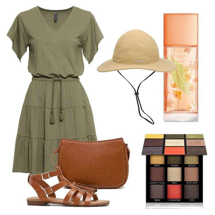 Outfit donna - Weekend. Stile Boho per Serata fuori. Abbinamento con vestiti, sandali, profumi, ombretti, borse a tracolla, cappelli.