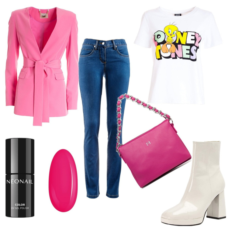 Outfit donna - Colore e allegria. Stile Glamour per Tutti i giorni. Abbinamento con jeans dritti, smalti, stivaletti, blazer, t-shirt, borse a tracolla.