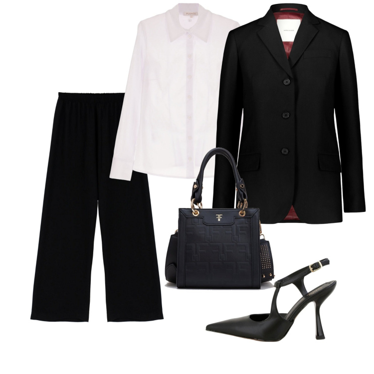 Outfit donna - Business Fit. Stile Chic per Ufficio. Abbinamento con borse tote, camicie, pantaloni a palazzo, décolleté, blazer.