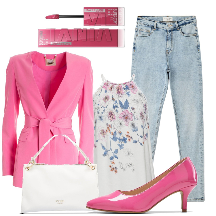 Outfit donna - Dark Pink. Stile Casual chic per Ufficio. Abbinamento con top, décolleté, rossetti, jeans skinny, blazer, borse a mano.