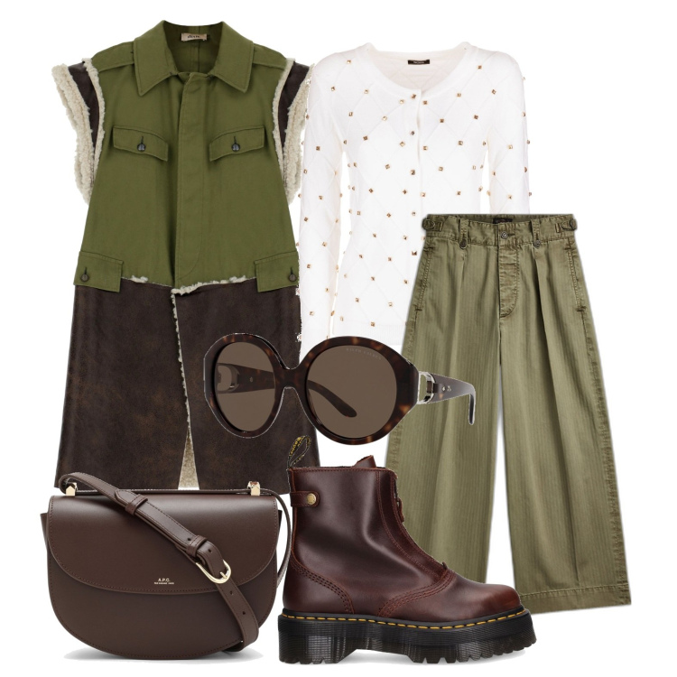 Outfit donna - Ghost outfitter - ottobre. Stile Casual per Tutti i giorni. Abbinamento con cardigans, pantaloni, occhiali da sole, gilet, stivaletti, borse a tracolla.